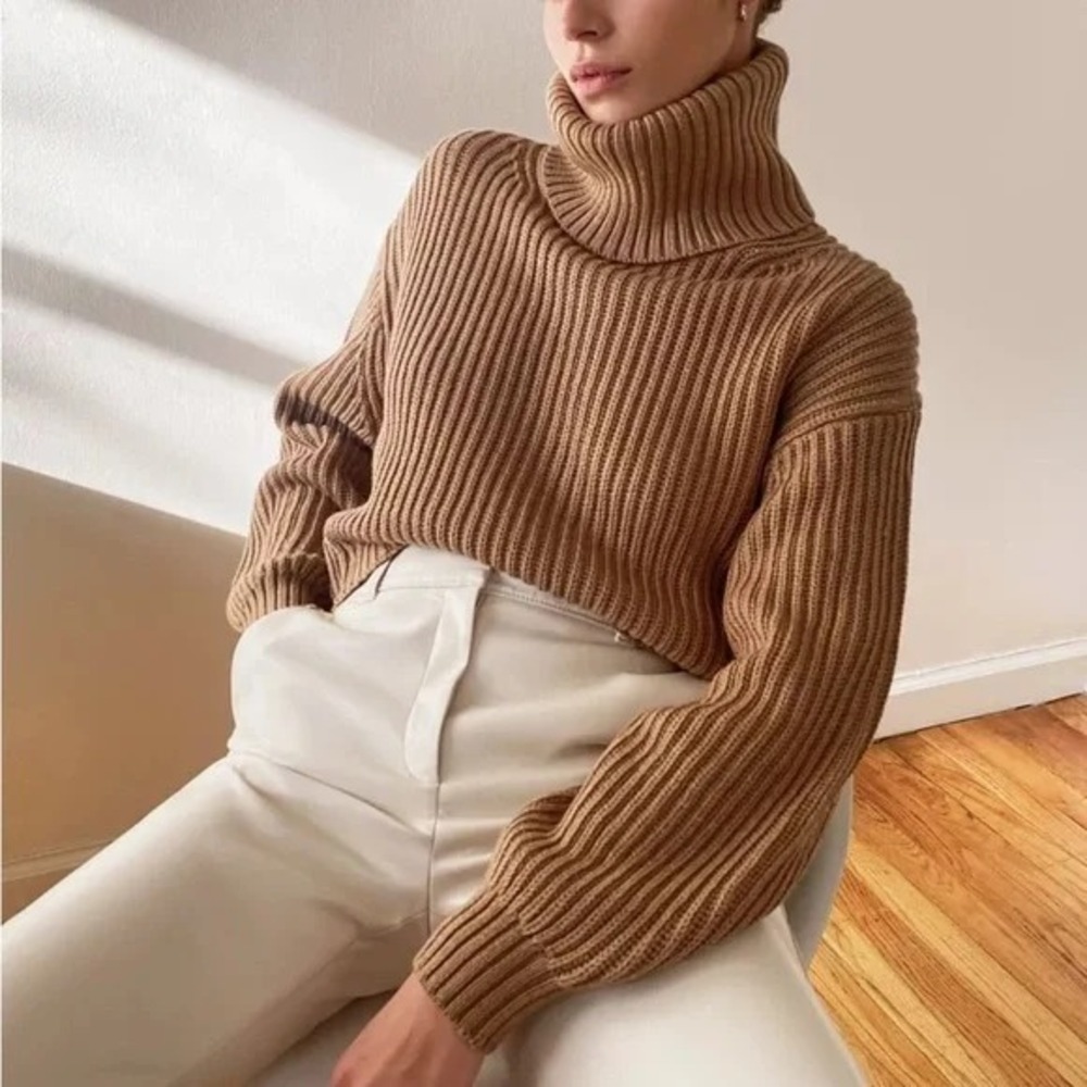 Babaton Merino Wool Ribbed Turtleneck Sweater‎ Size XS Camel Cropped Boxy Chunky